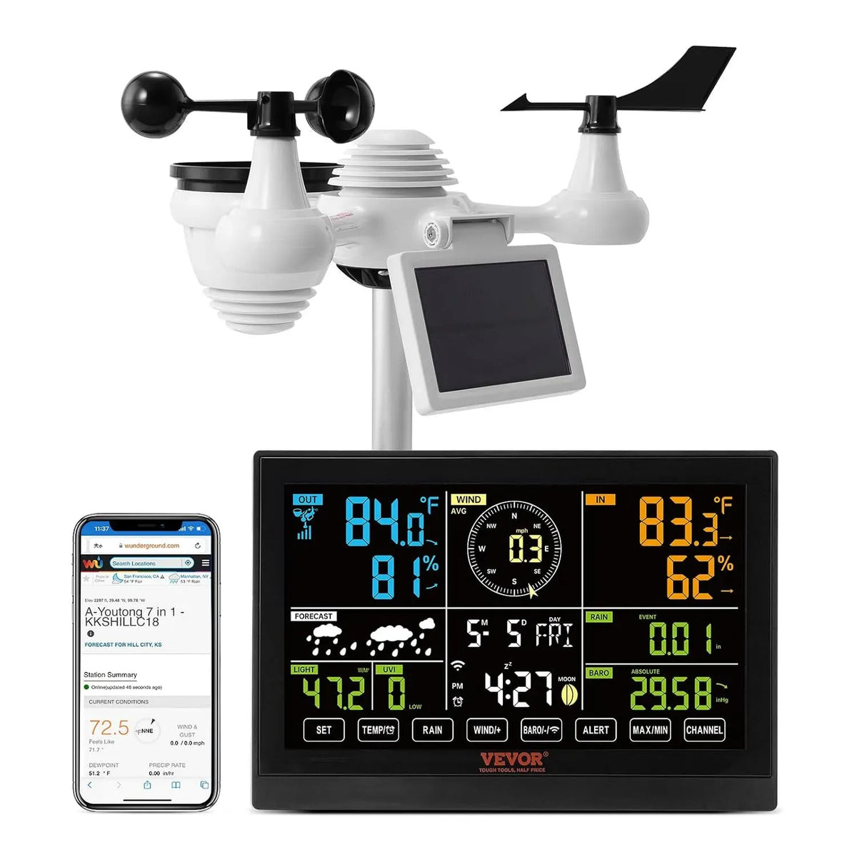 VEVOR, Capteur, station météo sans fil, extérieur, Wi-Fi, pour Température Humidité Vitesse Direction de Vent Pluie