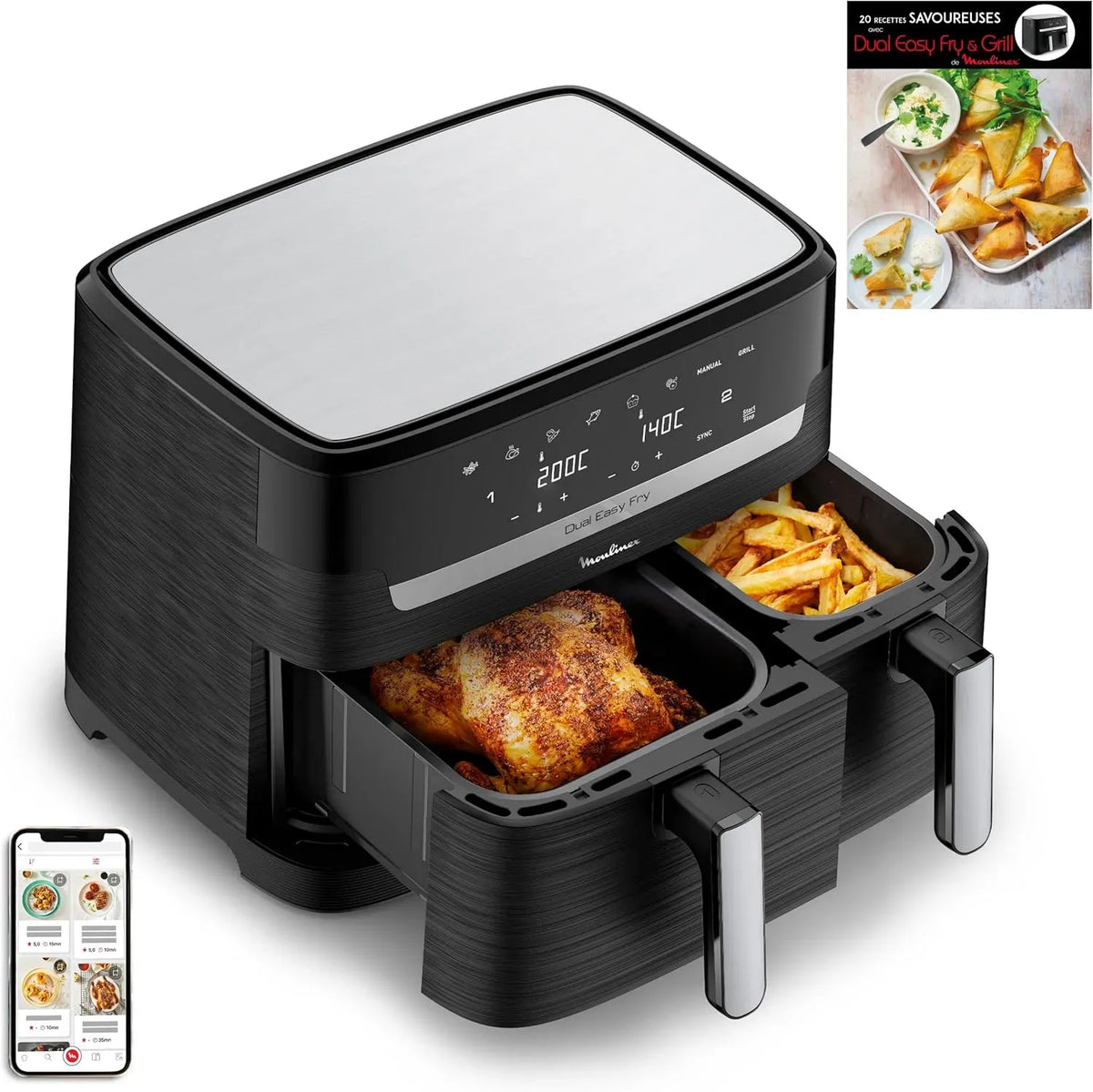 Moulinex XXL 8 Friteuse à air chaud, 3 L, 7 programmes, pose libre, acier inoxydable, 2 tiroirs indépendants pour cuire deux plats simultanément